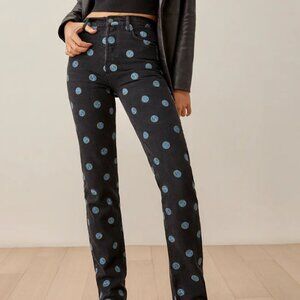 Reformation Earth Embroidered High Rise Straight Long Jeans